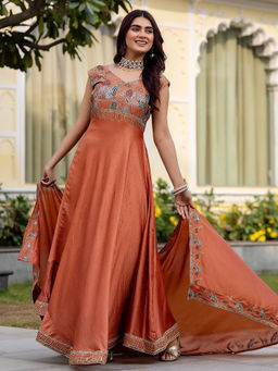 Mirraw - Orange Embroidered Silk Blend Regular Anarkali Kurta and Pant and Dupatta