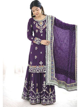 Mirraw - Purple Embroidered Georgette Regular Kurta with Palazzo and Dupatta