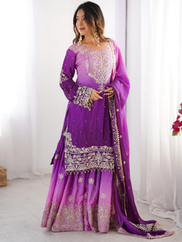 Mirraw - Purple Ombre Silk Blend Regular Kurta with Palazzo and Dupatta