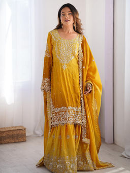 Mirraw - Yellow Embroidered Silk Blend Regular Kurta with Palazzo and Dupatta