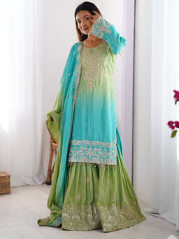Mirraw - Multi-Color Ombre Silk Blend Regular Kurta with Palazzo and Dupatta