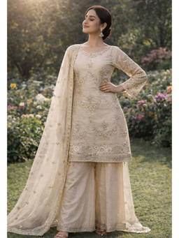 Mirraw - Ivory Embroidered Organza Regular Kurta with Palazzo and Dupatta