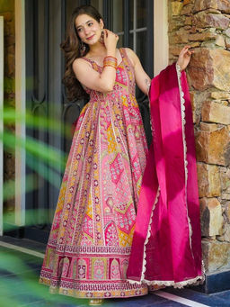 Mirraw - Pink Printed Silk Blend Regular Anarkali Kurta and Pant and Dupatta