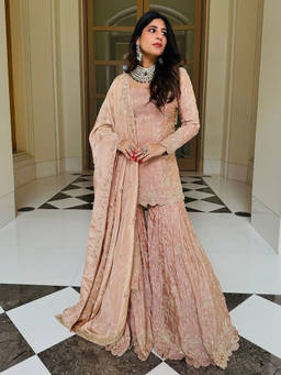 Mirraw - Pink Embroidered Silk Blend Regular Kurta with Sharara and Dupatta