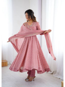 Mirraw - Pink Embroidered Silk Blend Flared Anarkali Kurta and Pant and Dupatta