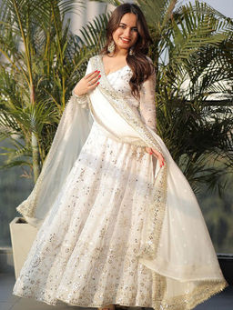 Mirraw - White Embroidered Georgette A-Line Anarkali Kurta and Pant and Dupatta