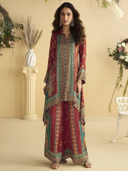 Mirraw - Maroon Printed Crepe Relaxed Kurta and Palazzo