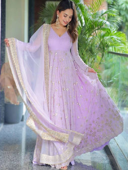Mirraw - Lavender Embroidered Georgette A-Line Anarkali Kurta and Pant and Dupatta