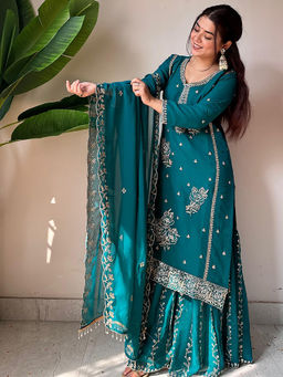 Mirraw - Blue Embroidered Georgette Regular Kurta with Palazzo and Dupatta