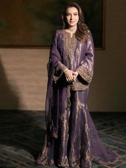 Mirraw - Purple Embroidered Silk Blend Regular Kurta with Palazzo and Dupatta