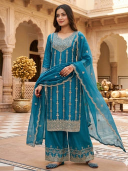 Mirraw - Blue Embroidered Silk Blend Regular Kurta with Palazzo and Dupatta