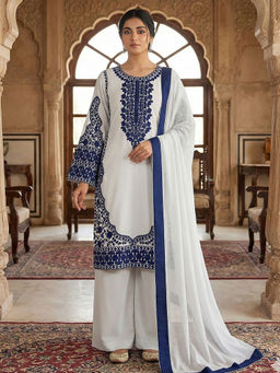 Mirraw - White Embroidered Georgette Regular Kurta with Palazzo and Dupatta