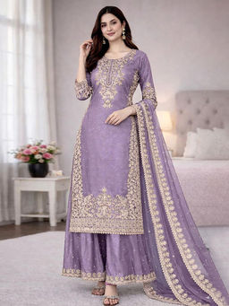 Mirraw - Lavender Embroidered Silk Blend Regular Kurta with Palazzo and Dupatta