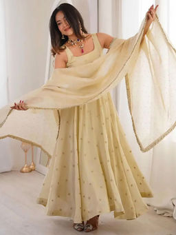 Mirraw - Cream Embroidered Silk Blend Gathered Anarkali Kurta and Pant and Dupatta