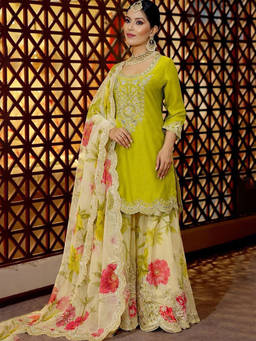 Mirraw - Beige Embroidered Silk Blend Comfortable Kurta with Palazzo and Dupatta