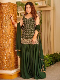 Kedar Fab - Green Embroidered Silk Regular Kurta with Sharara and Dupatta