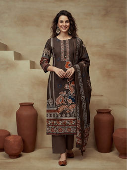 Sarha - Brown Printed Cotton Straight Kurta with Pant and Dupatta