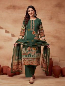 Sarha - Green Printed Cotton Straight Kurta with Pant and Dupatta