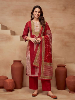 Sarha - Red Printed Cotton Straight Kurta with Pant and Dupatta