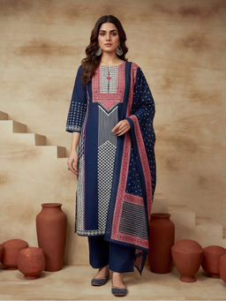 Sarha - Blue Printed Cotton Straight Kurta with Pant and Dupatta