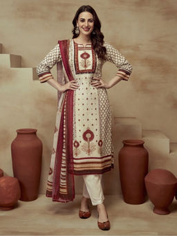 Sarha - White Printed Cotton Straight Kurta with Pant and Dupatta