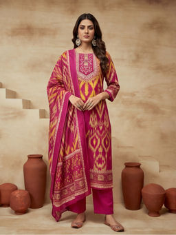 Sarha - Pink Printed Cotton Straight Kurta with Pant and Dupatta