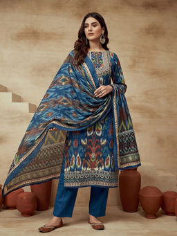 Sarha - Blue Printed Cotton Straight Kurta with Pant and Dupatta