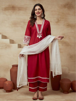 Sarha - Red Embroidered Cotton A-Line Kurta with Pant and Dupatta
