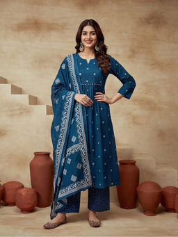 Sarha - Blue Printed Cotton A-Line Kurta with Pant and Dupatta