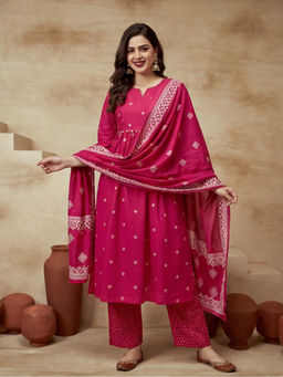 Sarha - Pink Printed Cotton A-Line Kurta with Pant and Dupatta