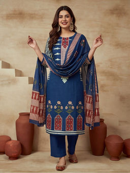 Sarha - Blue Printed Cotton Straight Kurta with Pant and Dupatta