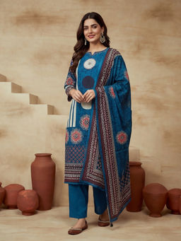 Sarha - Blue Printed Cotton Straight Kurta with Pant and Dupatta