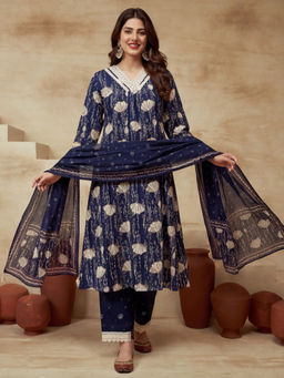 Sarha - Blue Floral Cotton A-Line Kurta with Pant and Dupatta