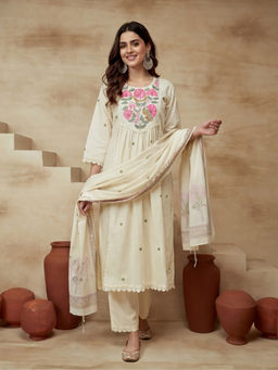 Sarha - White Floral Cotton A-Line Kurta with Pant and Dupatta