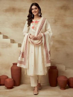 Sarha - White Floral Cotton A-Line Kurta with Pant and Dupatta