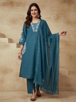 Sarha - Blue Embroidered Cotton A-Line Kurta with Pant and Dupatta