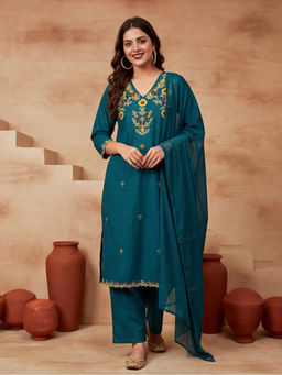 Sarha - Blue Floral Cotton Straight Kurta with Pant and Dupatta