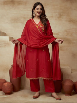 Sarha - Red Floral Cotton Straight Kurta with Pant and Dupatta