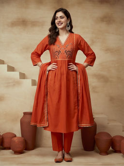 Sarha - Orange Embroidered Cotton A-Line Kurta with Pant and Dupatta