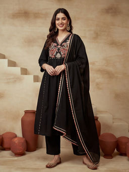 Sarha - Black Embroidered Cotton A-Line Kurta with Pant and Dupatta