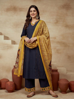 Sarha - Grey Printed Cotton A-Line Kurta with Pant and Dupatta