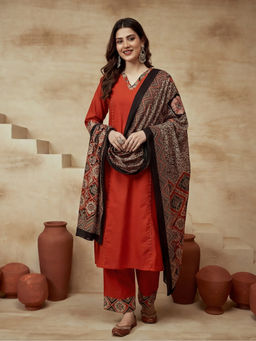 Sarha - Orange Printed Cotton A-Line Kurta with Pant and Dupatta