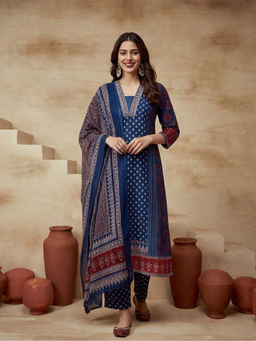 Sarha - Blue Printed Cotton A-Line Kurta with Pant and Dupatta
