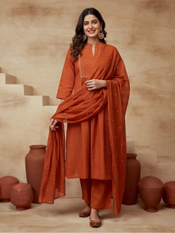 Sarha - Orange Embroidered Cotton A-Line Kurta with Pant and Dupatta