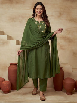 Sarha - Green Embroidered Cotton A-Line Kurta with Pant and Dupatta