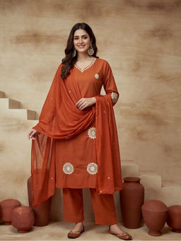 Sarha - Orange Embroidered Cotton Straight Kurta with Pant and Dupatta