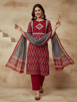 Sarha - Red Embroidered Cotton Straight Kurta with Pant and Dupatta
