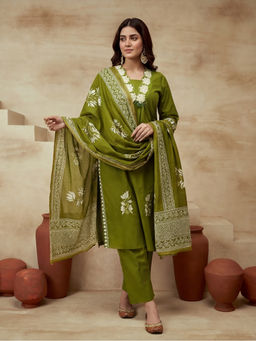 Sarha - Green Floral Cotton Straight Kurta with Pant and Dupatta