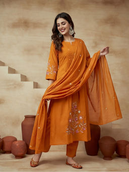 Sarha - Orange Embroidered Cotton A-Line Kurta with Pant and Dupatta