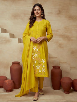 Sarha - Yellow Floral Cotton A-Line Kurta with Pant and Dupatta